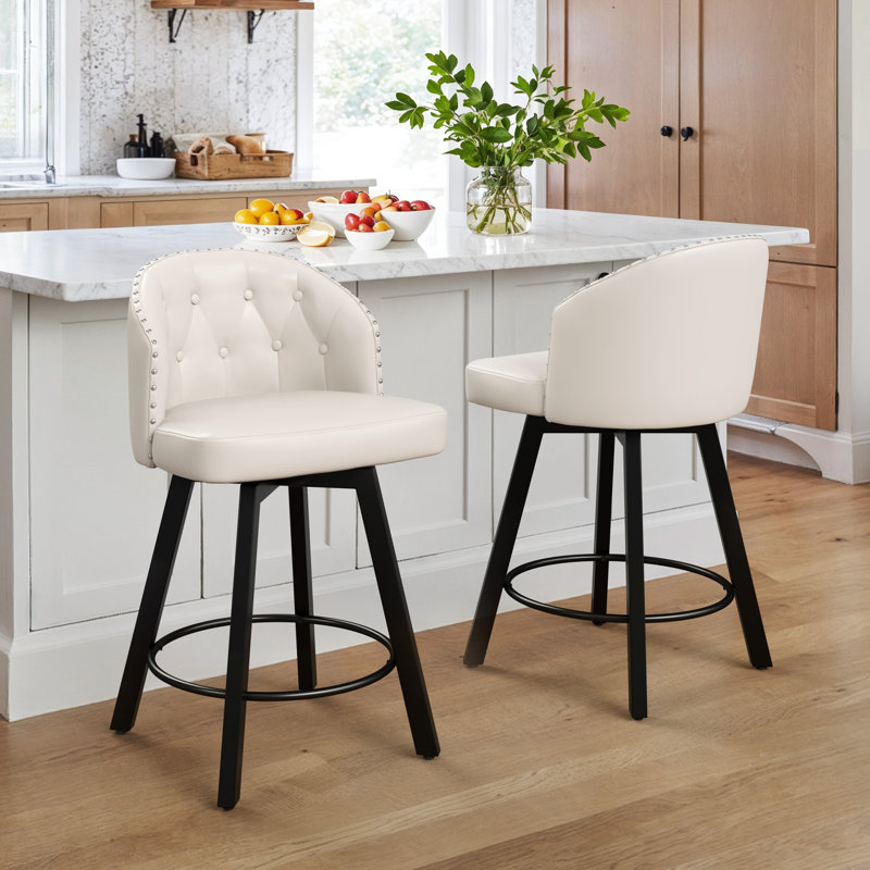 26" Swivel Upholstered Counter Stool With Backrest , White/Faux Leather