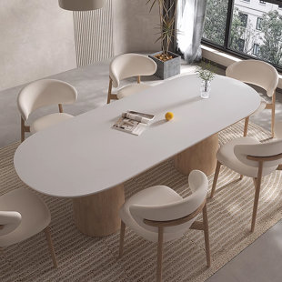 Cream Solid Wood & Stone Slab Oval Dining Table Solid Wood Base Dining Table