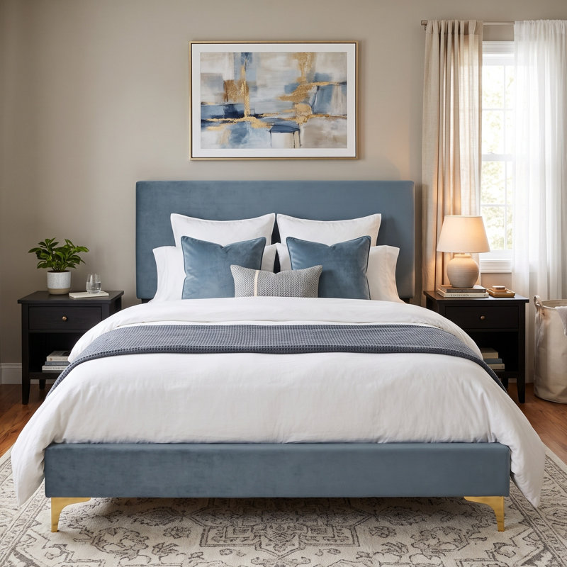 Rhea Upholstered Velvet Standard Bed, King, Blue