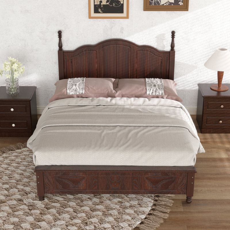 Base de lit plateforme en bois de style minimaliste avec support à lattes, Lit double , Dark Walnut