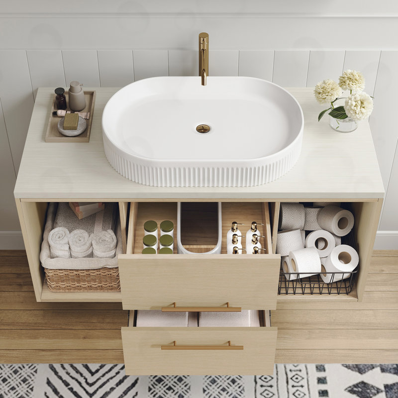 Meuble-lavabo mural avec lavabo ovale en céramique, Naturel