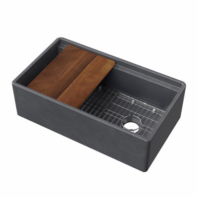 Whitehaus Collection Front Apron Single Bowl Fireclay Kitchen Sinks with Cutting Board and Grid