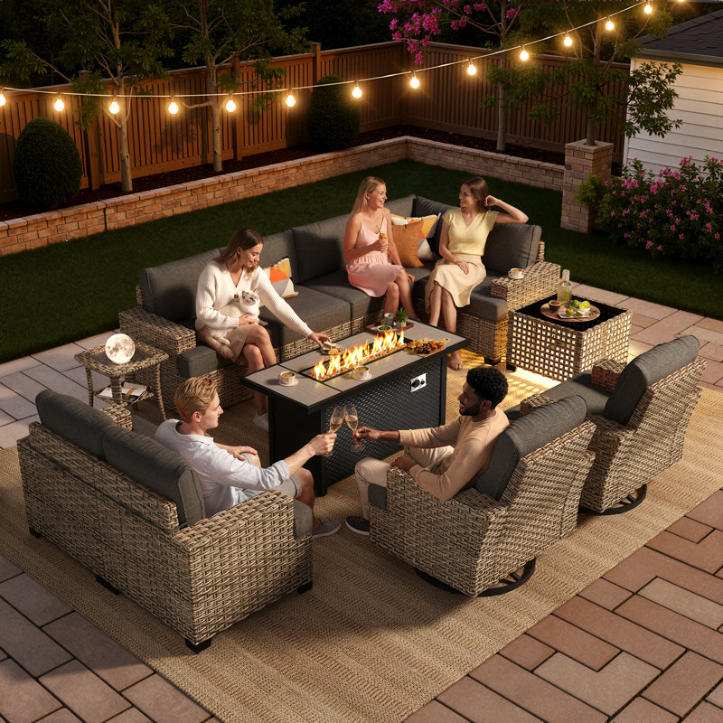 Outdoor Wicker 9 Person Modular Sectional Patio Seating Group With Swivel Rocking Chairs And Fire Pit Table, Black