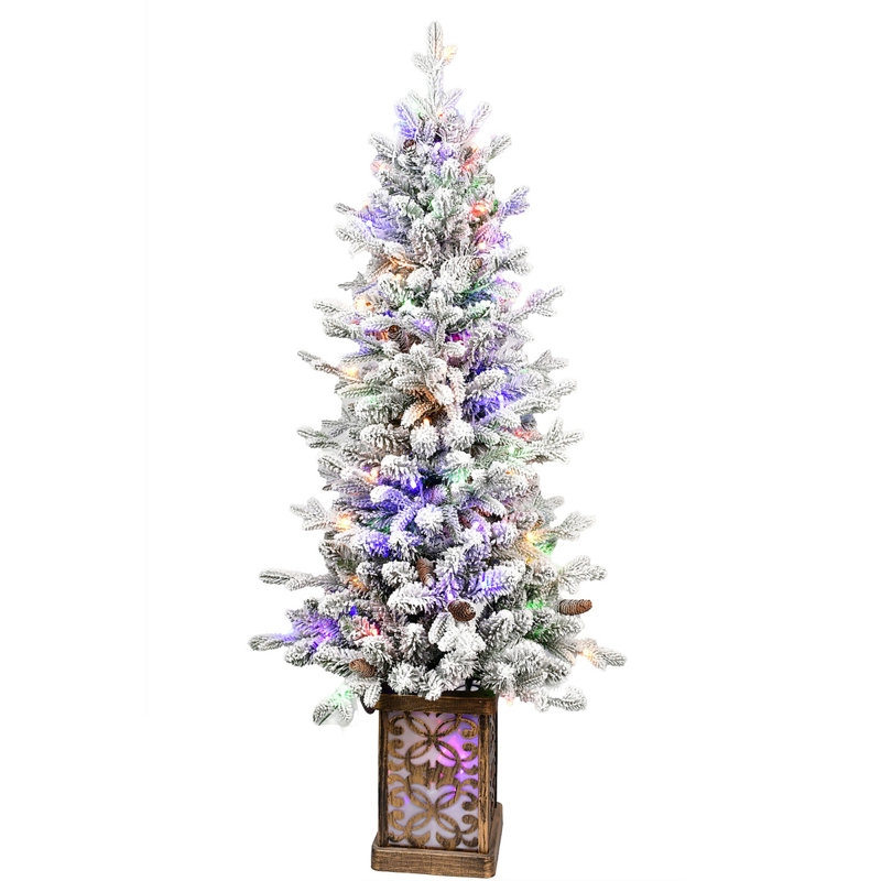 Arbre de Noël 4 pi avec lumières DEL multicolores, 396 pointes, base scintillante, 100 lumières, extrémités en PE / PVC avec pommes de pin - vasque colorée illuminée, décoration des Fêtes facile à assembler