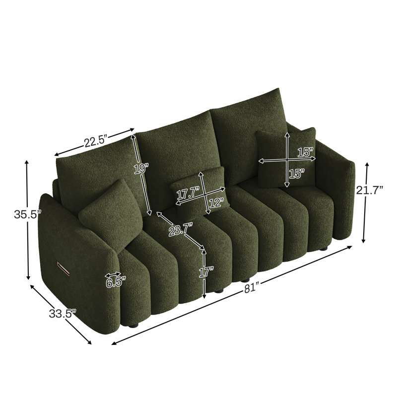  81" Teddy Fleece Upholstered Sofa with 3 Matching Pillows, Green