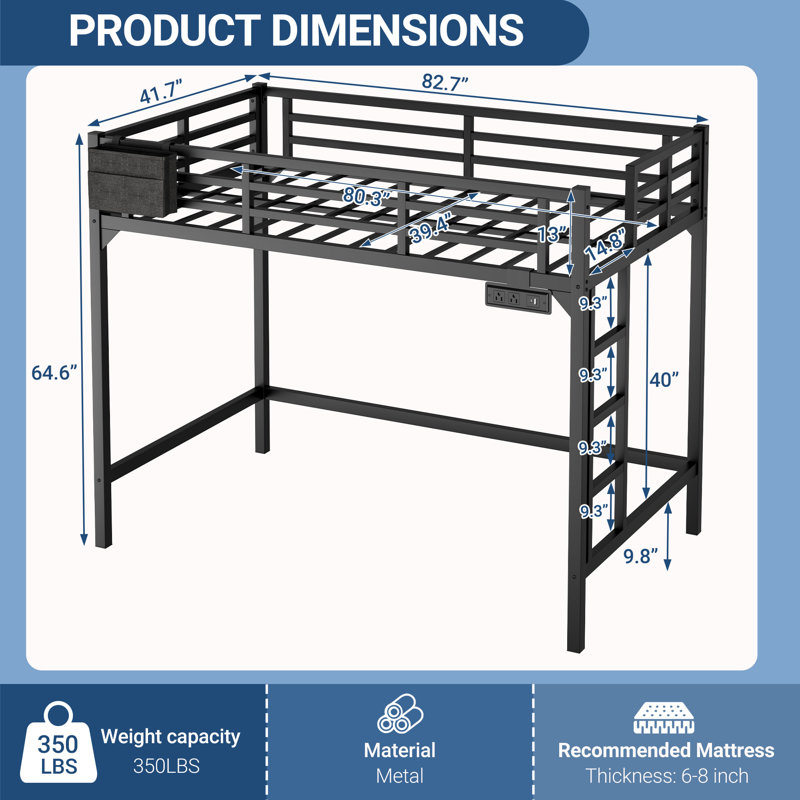 Twin XL Metal Loft Bed with Charging Station and LED Light, Space-Saving Design, Twin XL