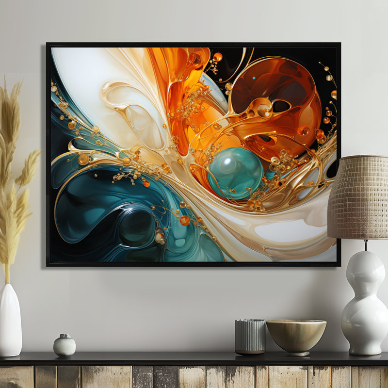 Orange et émeraude marbre lave I - peinture abstraite, art mural, Cadre flottant noir, H 24 po x l 32 po x P 1 po