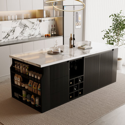 70.8'' Kitchen Island With Storage Drawer Cabinet Open-Sided Shelves Wine Rack, Open-Concept Kitchen Home Bar Cabinet With Seating Area