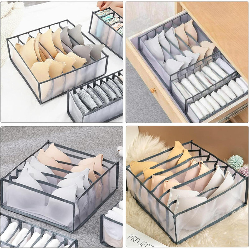 Organisateurs de tiroirs de soutien-gorge, diviseurs de garde-robe pour sous-vêtements, bacs de rangement pour la lingerie, organisateurs de placard et boîtes de rangement, boîte de rangement pliable pour les sous-vêtements (6 grilles, paquet de 2)