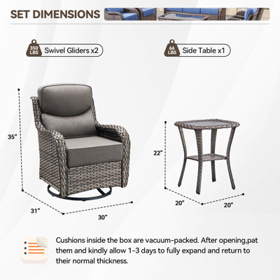 Wickes 3 Piece Patio Set Outdoor Wicker Glider Rocking And Swivel Chairs With Cushions