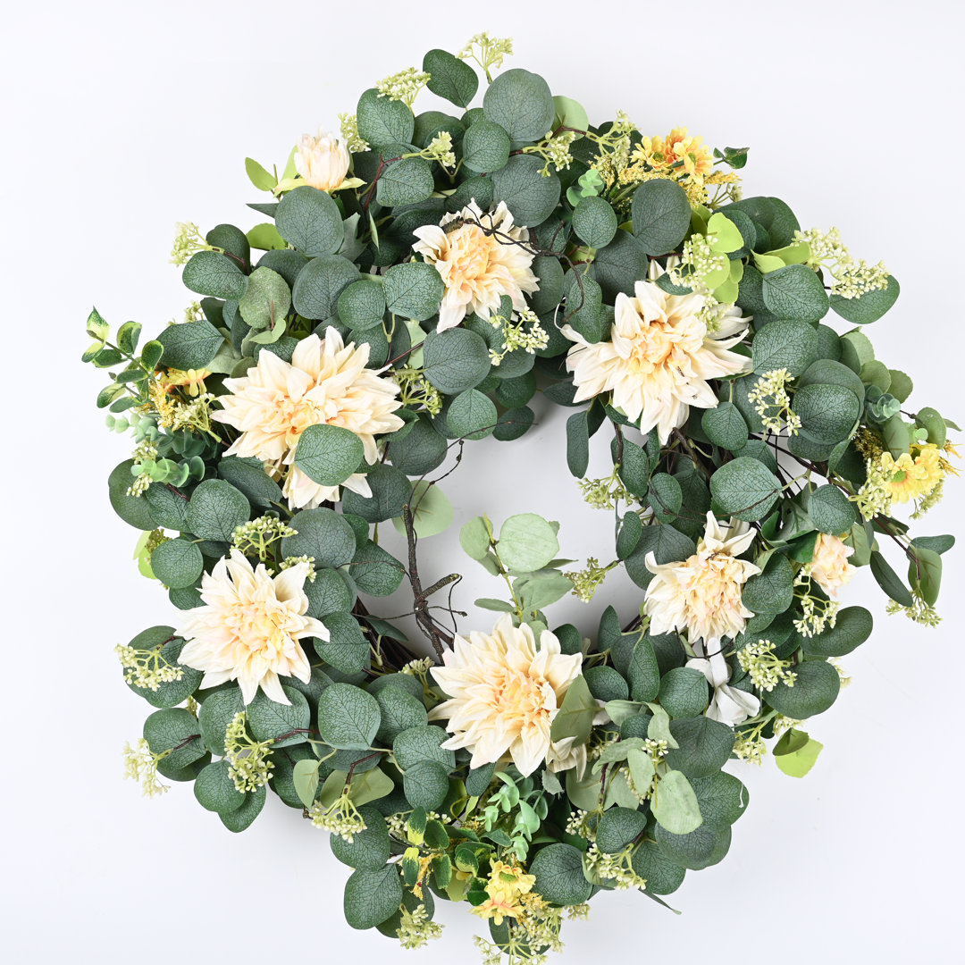 26'' Handcrafted Faux Floral Everyday Eucalyptus berry Front Door Dahlia Wreath Primrue Wreath 
