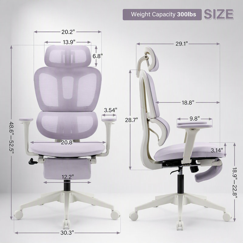 Chaise de bureau ergonomique avec repose-pieds, chaise d'ordinateur à haut dossier avec soutien lombaire dynamique, appui-tête en 2 dimensions et accoudoirs 4D, coussin éponge et dossier en filet, chaise de bureau à domicile pour adultes, mauve.