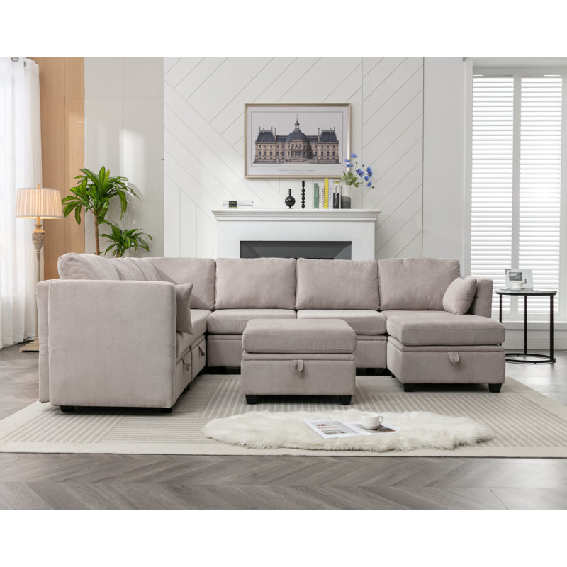 Calkins Upholstered Sofa Sectional, Light Gray Polyester