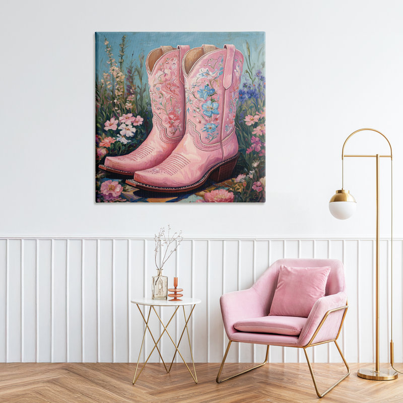 Toile de bottes de cowboy rose Wildflower, design par Heidi Kuntz, H 36 po x l 36 po