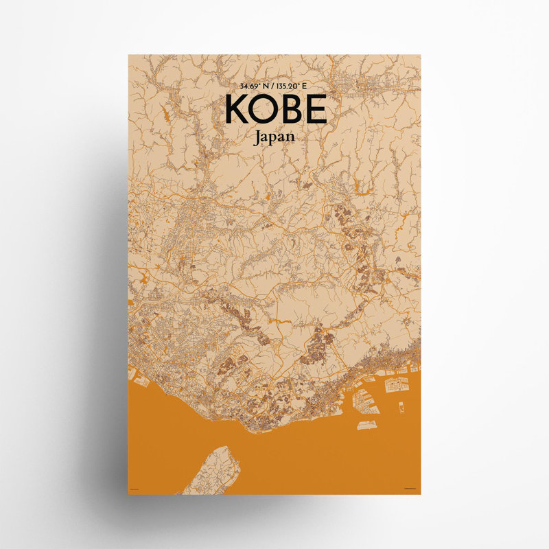 Kobe City Map, impression, H 36 po x l 24 po, Orange / or pâle