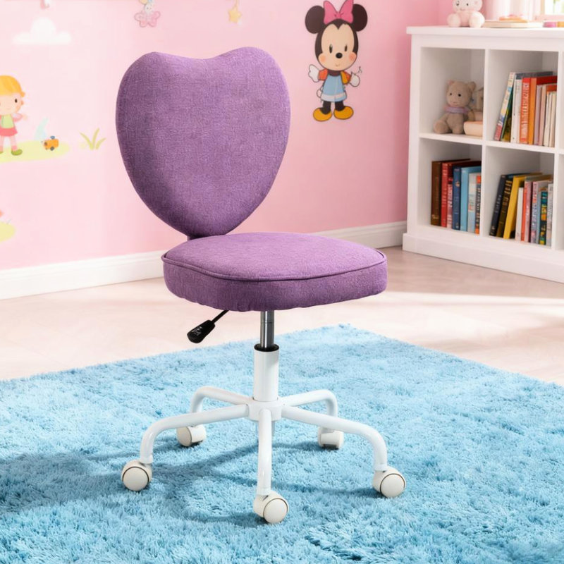 Chaise de bureau à dossier en forme de cœur mauve, réglable en hauteur, pivotante à 360 degrés, tissu en lin et mousse douce, parfaite pour le dortoir de la coiffeuse