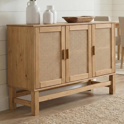 3-Door Natural Wood Sideboard with Woven Rattan Doors