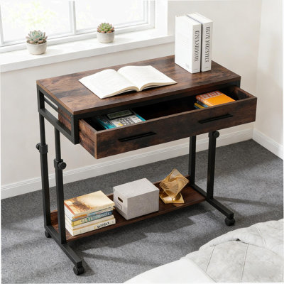 Table de bureau, bureau compact avec roues, bureau d'écriture à hauteur réglable, table basse mobile