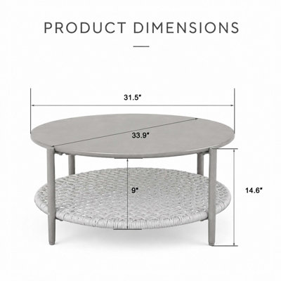 Table basse d'extérieur moderne - Conception ronde à 2 niveaux avec plateau en métal résistant aux intempéries et tablette de rangement en rotin PE tissé à la main - Table basse d'appoint pour le jardin, le balcon et le salon
