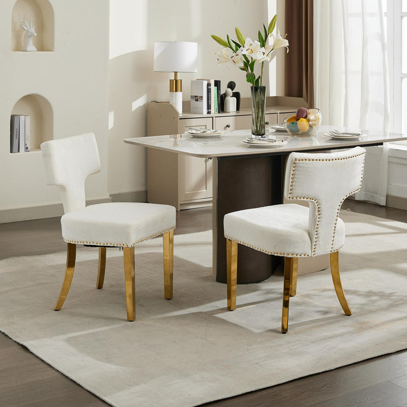 Ensemble de 2 chaises de salle à manger rembourrées en tissu chenille, Beige, Doré