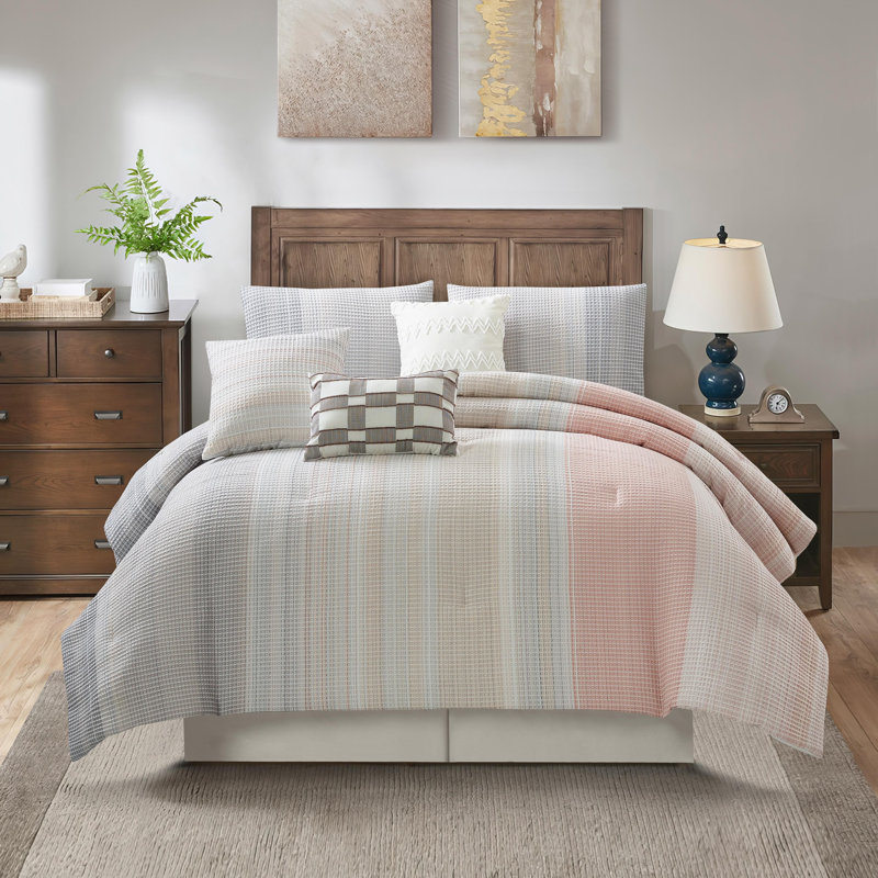 Cosette Ombre Stripes Comforter Set, California King + Additional Pieces, Gray/Pink Striped