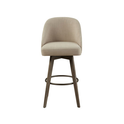 , Siège et dossier rembourrés, pieds en bois massif, repose-pieds à anneau en métal bronze, hauteur de 30 po, tabouret de bar pivotant à assembler, finition grise requise