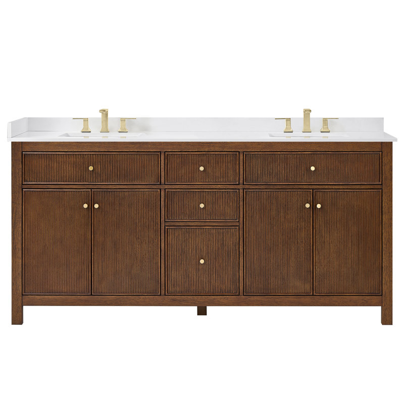 Pendry 72" Freestanding Double Bathroom Vanity with Cultured Marble Top, Brushed Gold, Tanned Oak, White Cultured Marble