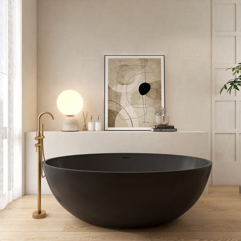 67" Freestanding Solid Surface Soaking Oval Bathtub, Matte Black