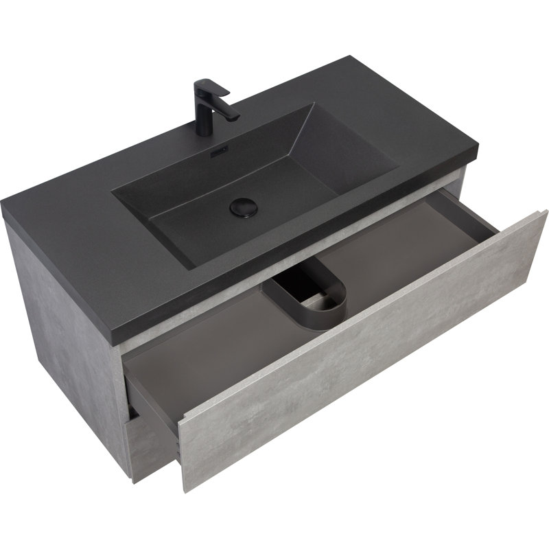 Modern 42" Bathroom Vanity Sink, Grey Cabinet. Quartz Sand Basin And Convenient Soft Close Feature In With Storage. Easy Drawers