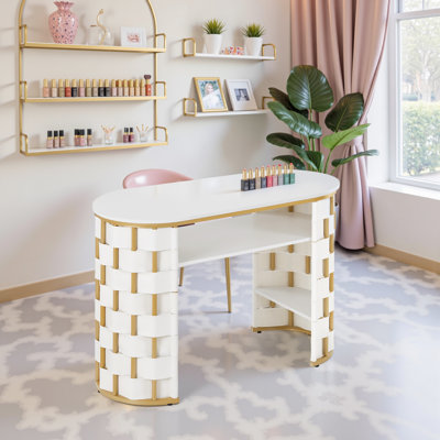 Manicure Table with Woven Leather, Nail Desk with Metal Frame & Open Shelves