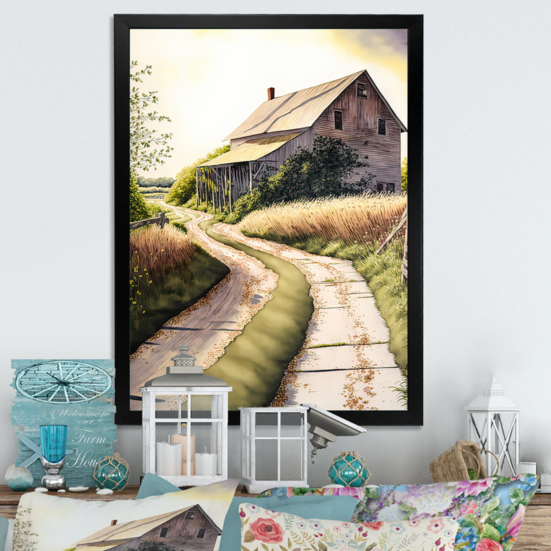 Charmante grange et chemin II - reproduction sur toile, H 40 po x l 30 po x P 1,5 po, Toile encadrée noire à coins fermés