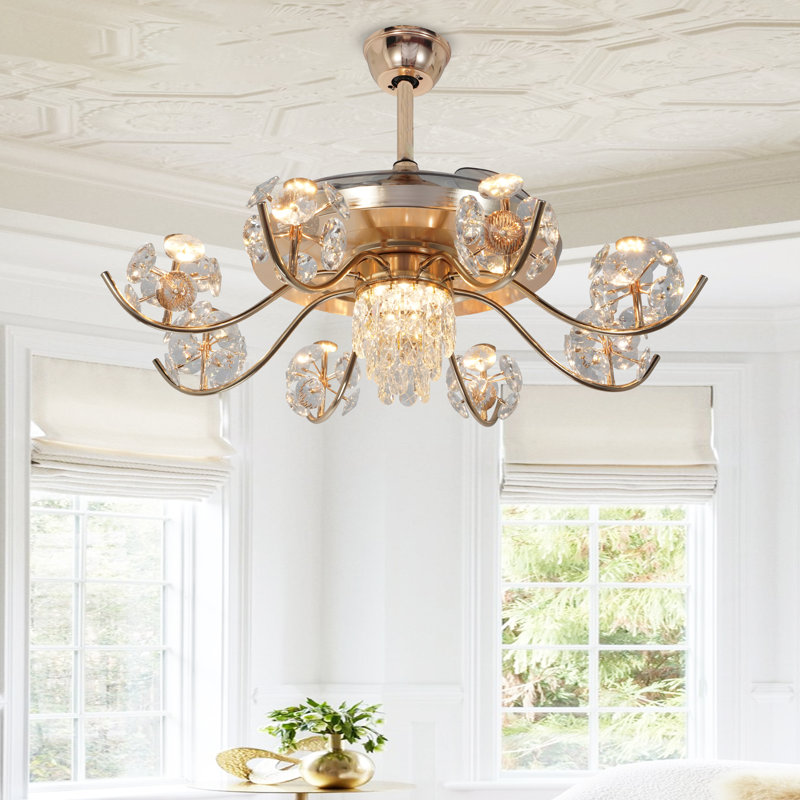 Ventilateur de plafond 42 "en cristal avec lustre Spoutnik 8 lumières 6 vitesses et fonctions inversées