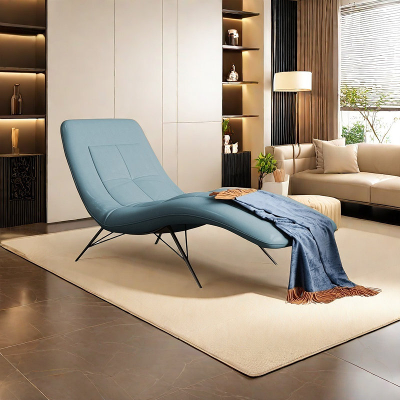 Chaise longue en similicuir avec support en acier au carbone, Wathet