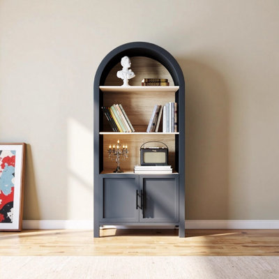 Bibliothèque arquée de 66,70 pouces de hauteur avec rangement - Armoire de style Mid-Century moderne à 3 niveaux pour le bureau, la salle à manger et le salon (noir)