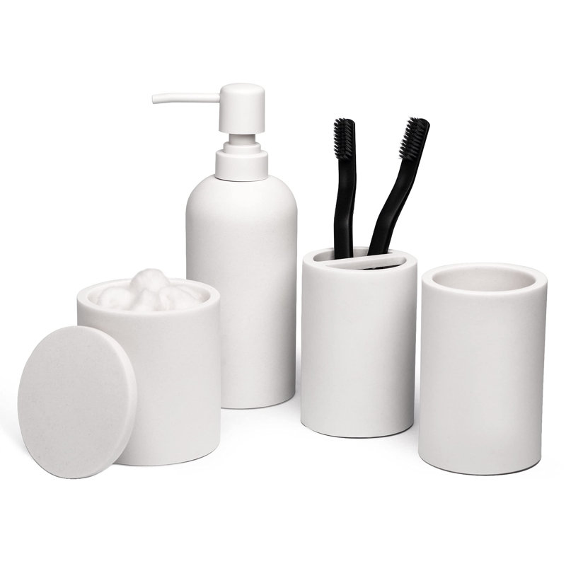 Ensembles d'accessoires de salle de bain, ensemble complet d'accessoires de salle de bain 4 pièces, ensemble de comptoir de meuble-lavabo, pompe à savon avec distributeur de lotion, gobelet, porte-brosse à dents, support Cotton Swab
