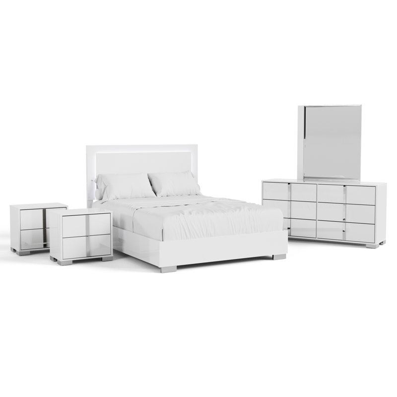 Ensemble de chambre Duckworth, Grand, Blanc, Cinq pièces : Lit, 2 tables de chevet, commode, m