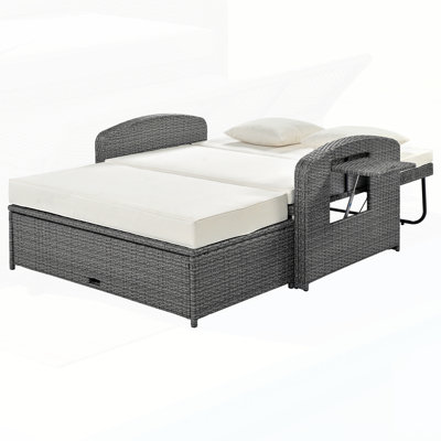 PE Wicker Rattan Double Chaise Lounge, 2-Person Reclining Daybed With Adjustable Back And Cushions, Free Furniture Protection Cover