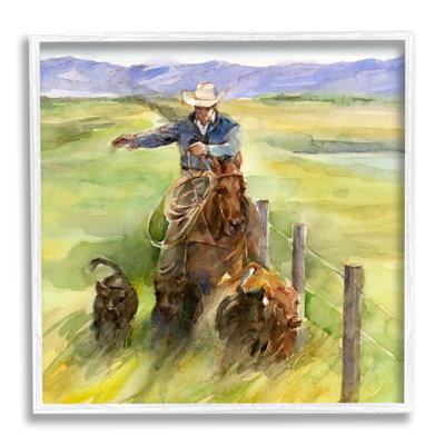 «Cowboy with Bétail Aquarelle» par John Keeling, reproduction d'art sur toile