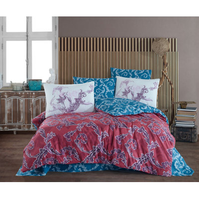 Ensemble de housse de couette double Premium 100% coton Ranforce Premium, comprend une housse de couette (78,7 x 86,6 po), un drap plat (94,5 x 102,4 po) et 2 taies d'oreiller (19,7 x 27,6 po) | Lavable à la machine, fermeture à boutons, motif rouge / bleu / blanc