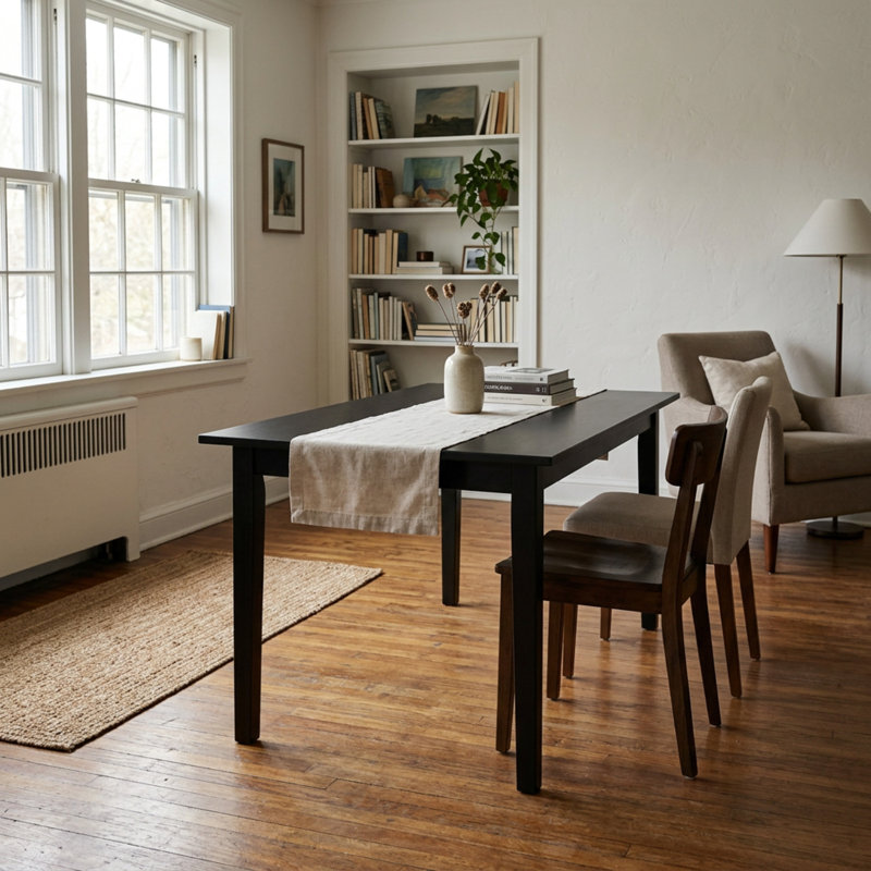 Ensemble de salle à manger rectangulaire 3 pièces en bois d'hévéa asiatique fini noir, chaises à dossier en X et rallonge papillon, style milieu du siècle