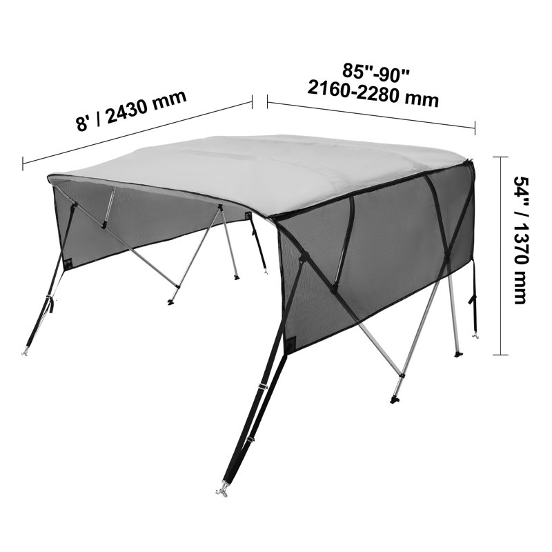 Light Gray 4 Bow Bimini Top Boat Cover with Mesh Sidewalls and Aluminum Frame