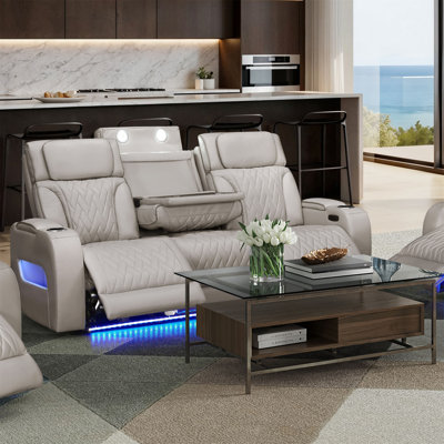 Canapé inclinable électrique en cuir glacé Aire de 84 po avec repose-tête électrique, lumières DEL, table de chargement sans fil, ports USB et USB-C
