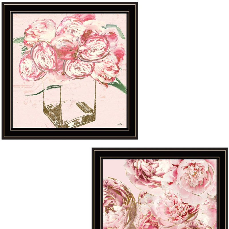 "Ensemble de deux pivoines", impression encadrée, Cadre d'angle fermé en bois massif noir