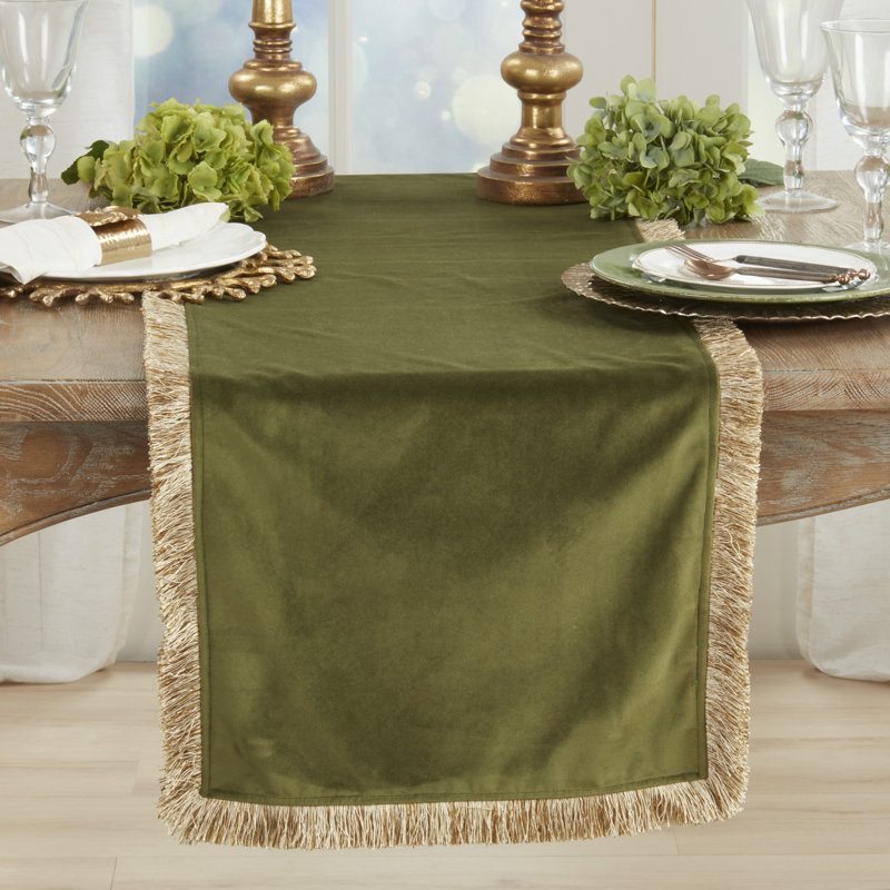 Chemin de table Velvet Fringe - Chemin de table décoratif en velours pour tables de salle à manger, Vert