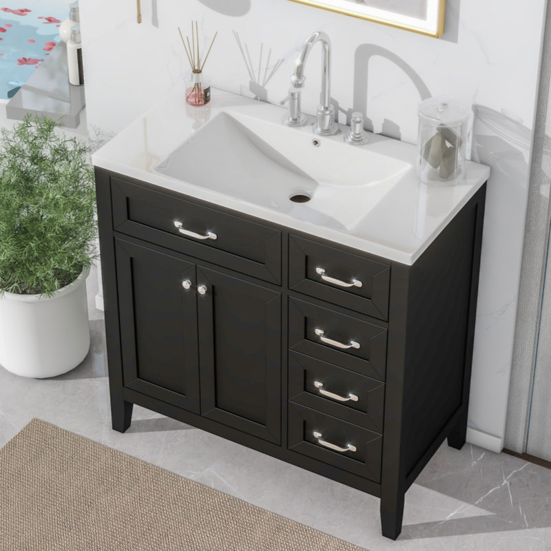 35.98'' Single Bathroom Vanity with Solid Wood+MDF Top, Black