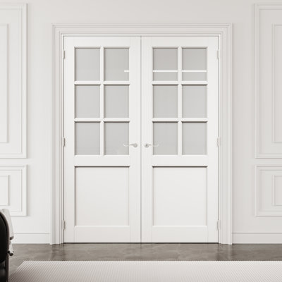 64" x 80" 6-Lite Frosted Glass Interior French Door with Silver Hardware & Latch & Door Lever, Tempered Glass Door Slab with Privacy, Paintable & Waterproof, Suit for Laundry, Closet Doors, Room Doors, Assembly Required