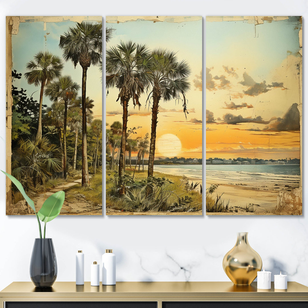 Vintage Florida Collage Palm Trees And Beach V " Vintage Florida Collage Palm Trees And Beach V " 3 - Pieces Design Art 