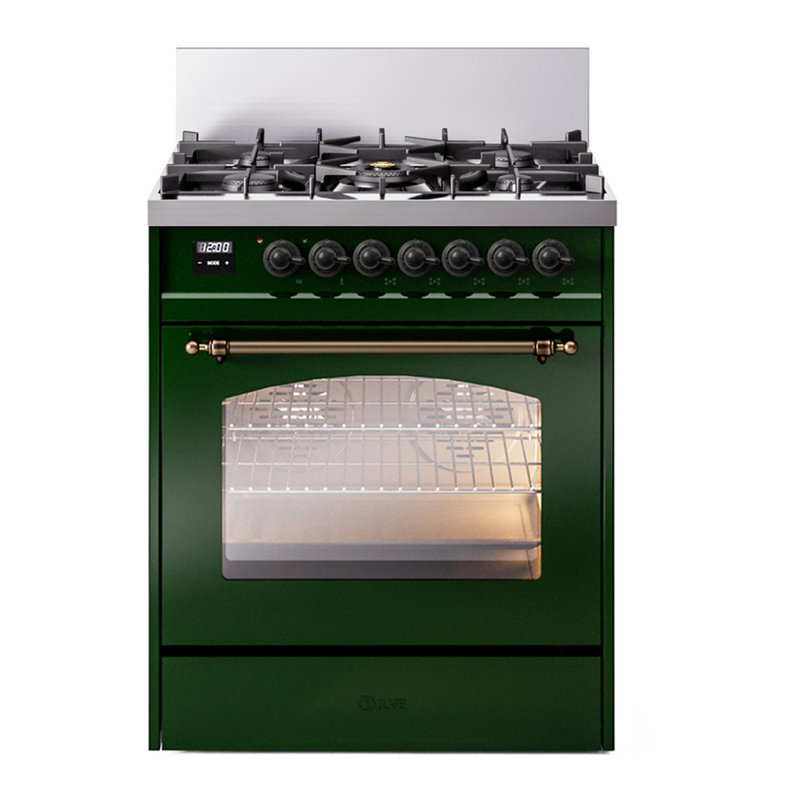 ILVE Nostalgie II Series 30 inch Dual Fuel Range with 5 Sealed Burners (Glass Door), Liquid Propane, Emerald Green/Bronze