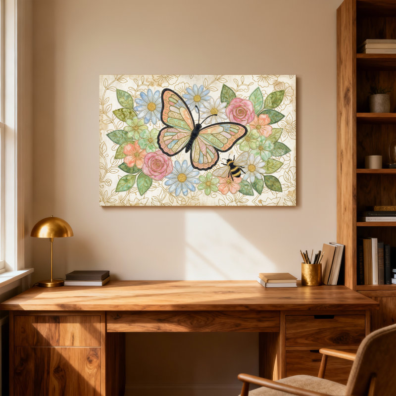 Animaux avec motif papillon et abeille parmi les fleurs, H 16 po x l 24 po