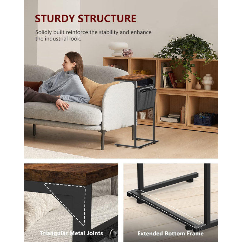 C Shaped End Table, Side Table For Couch And Recliner, Sofa Tray Desk With Storage Bag